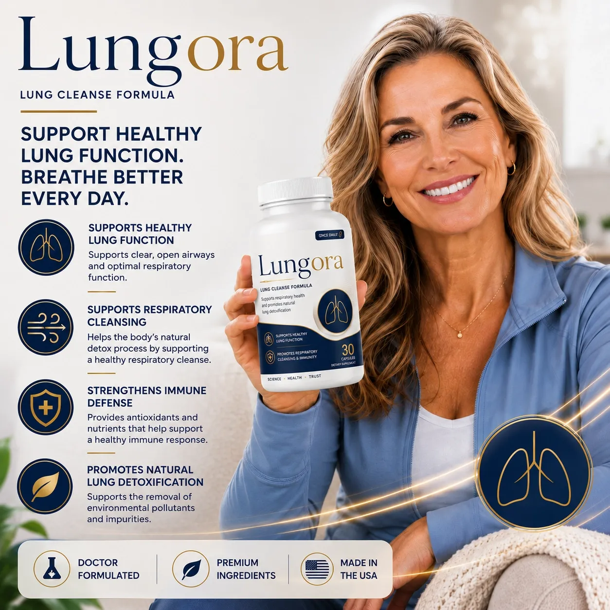 Lungora lung cleanse formula supplement bottle held by a woman, showing product benefits for healthy lung function and respiratory support