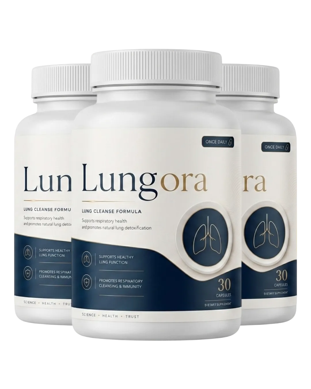 Lungora supplement bottle packaging shown for daily lung health and respiratory wellness routine